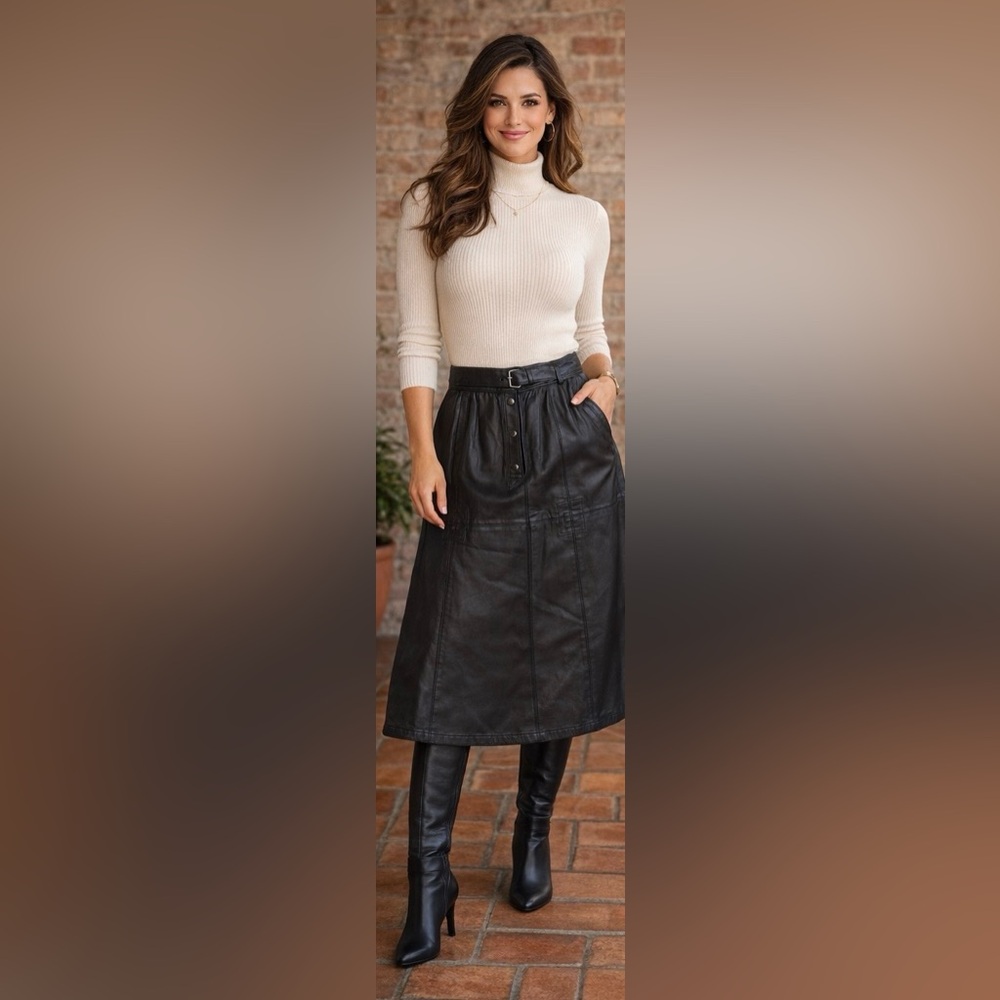 Chic Black Vtg Escada Black A-Line 100% Leather Skirt Sz 8/10 US